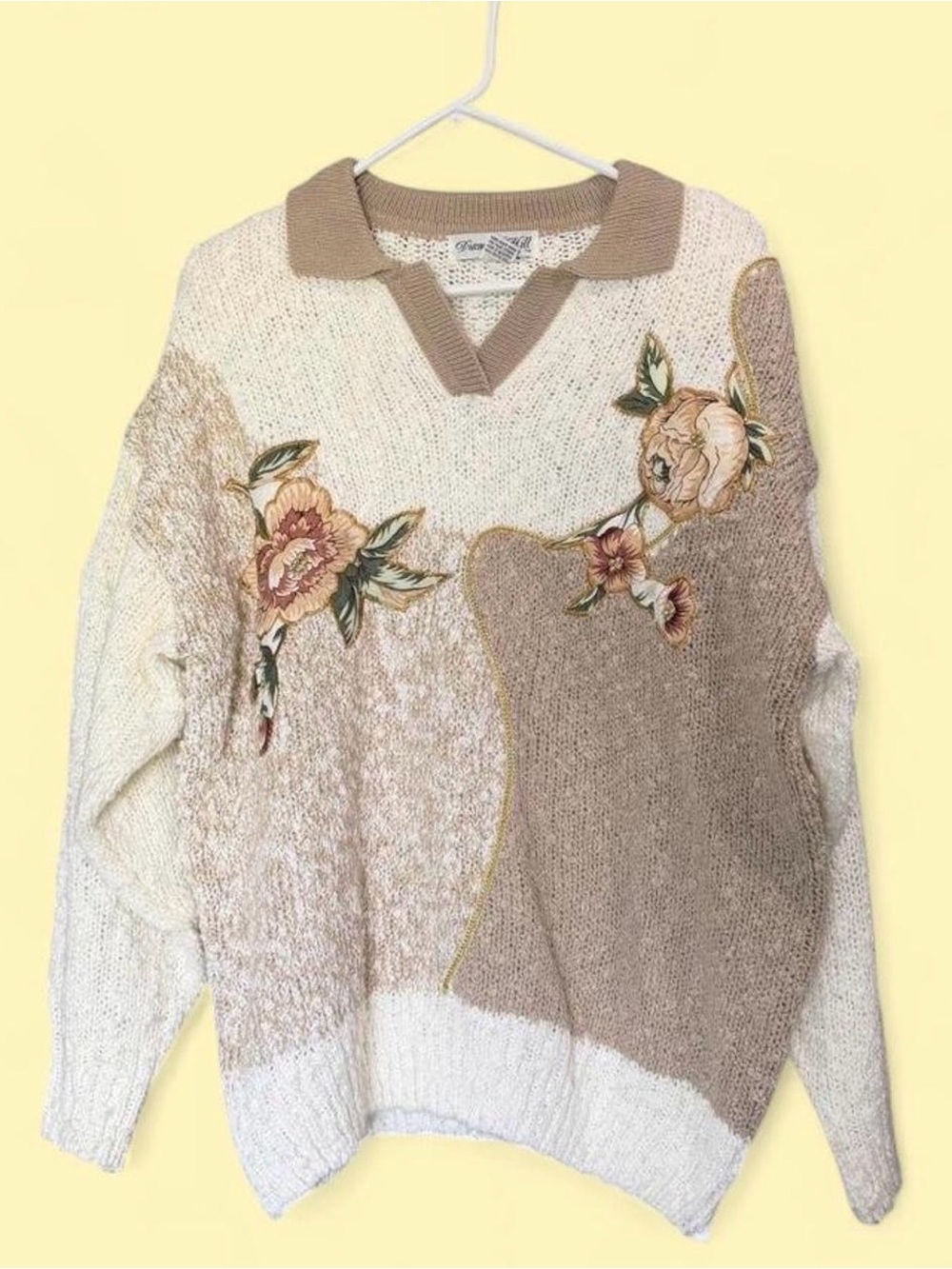 Vintage Boucle Knit Floral Appliqué Sweater